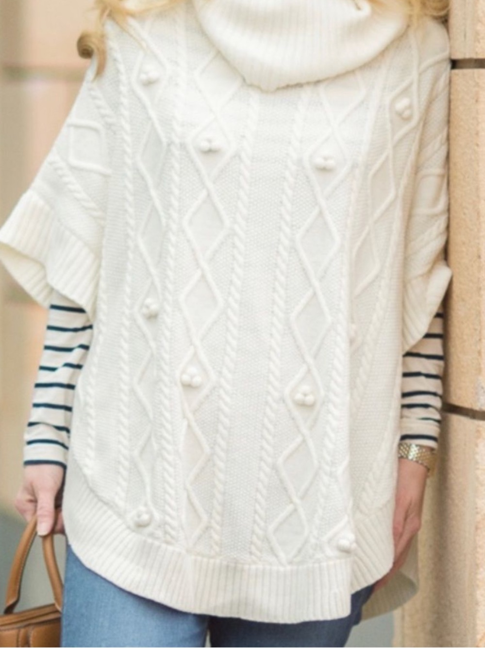 Talbots Ivory Cable Knit Pom Pom Detail Cowl Neck Aran Stitch Poncho Sweater